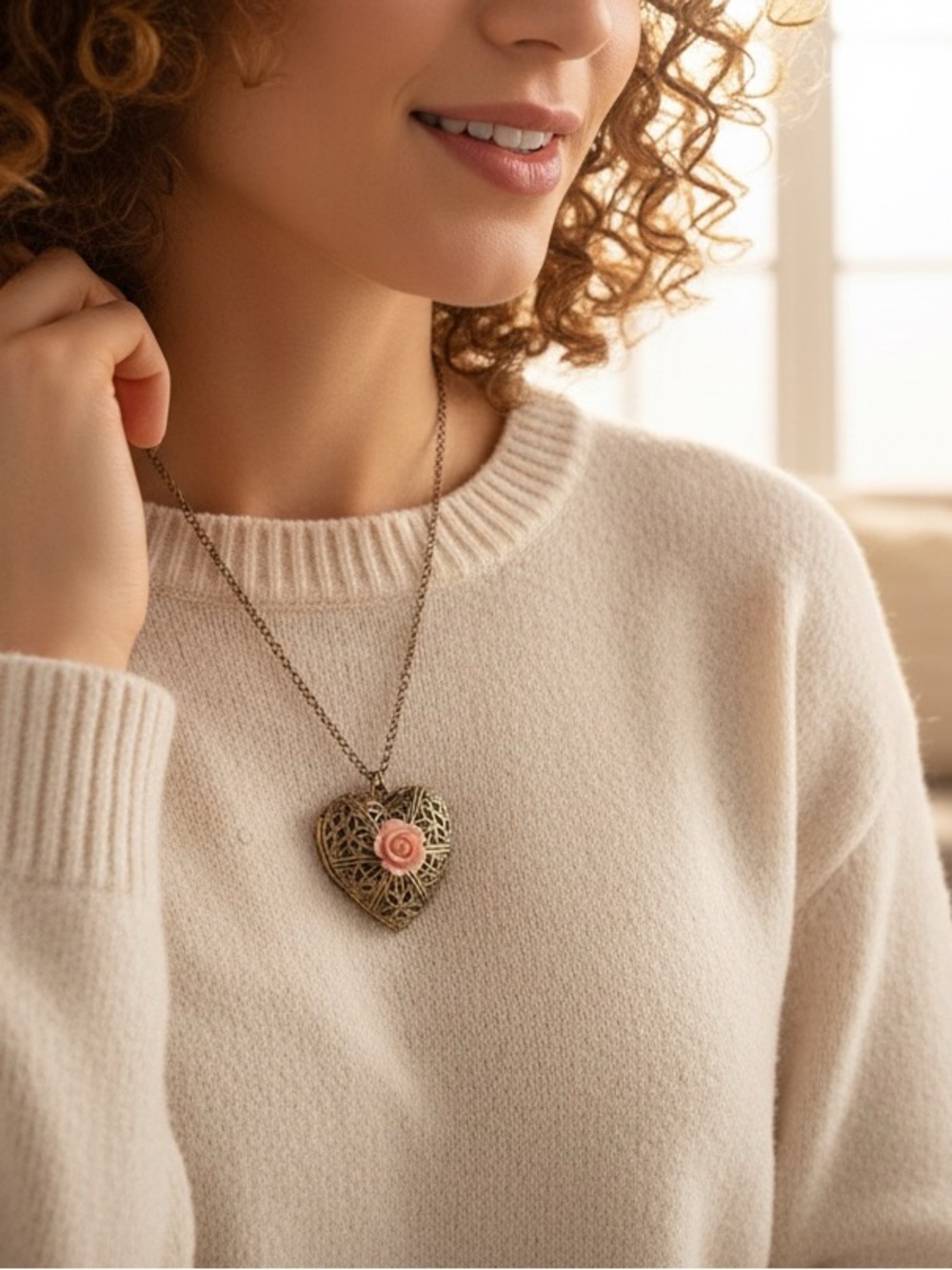 Vintage estate sale Heart Locket Necklace Pink Rose signed-earrings in closet. - Picture 3 of 5